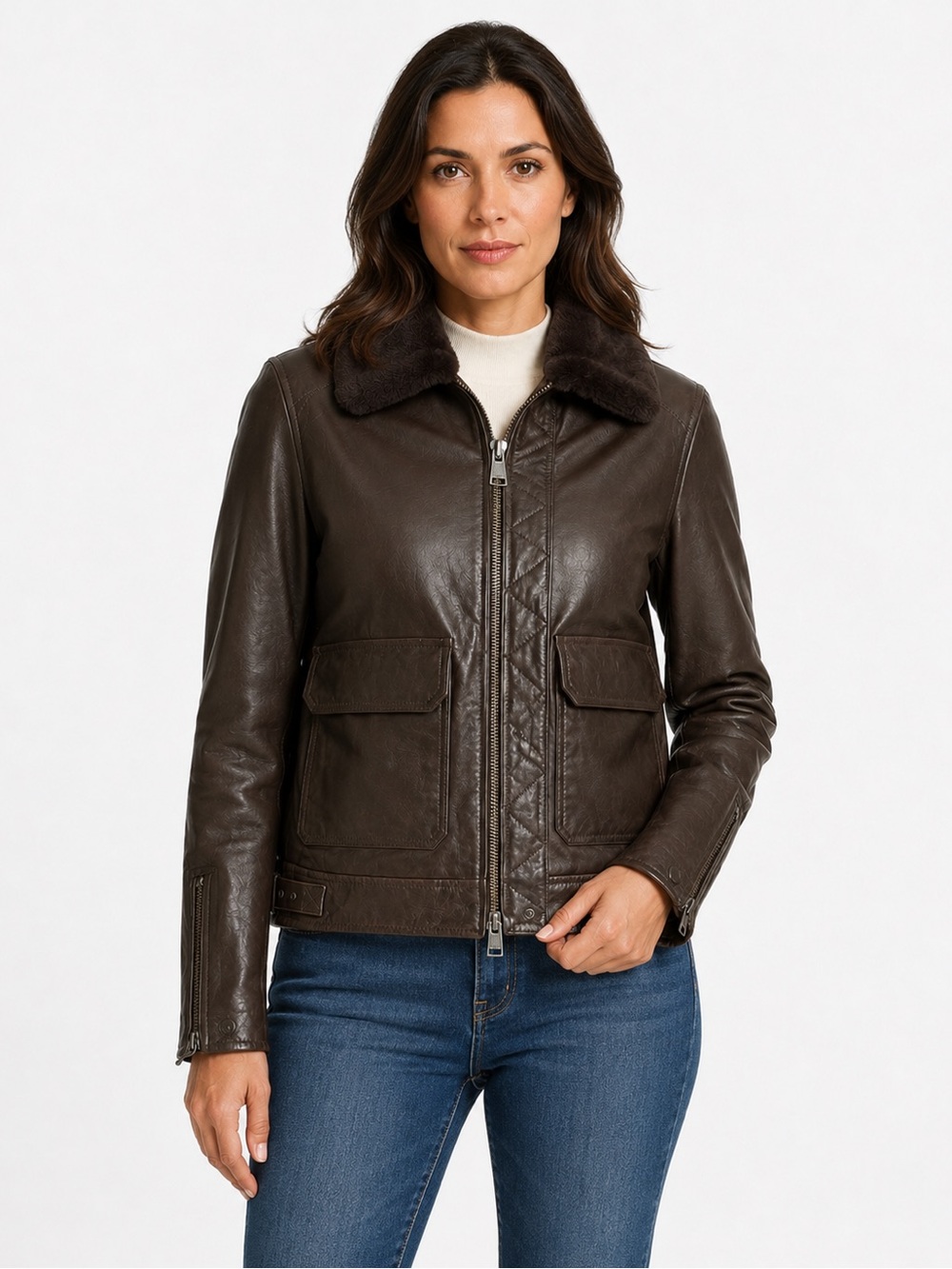 Lamarque Chocolate Brown Leather Aviator Jacket S-M